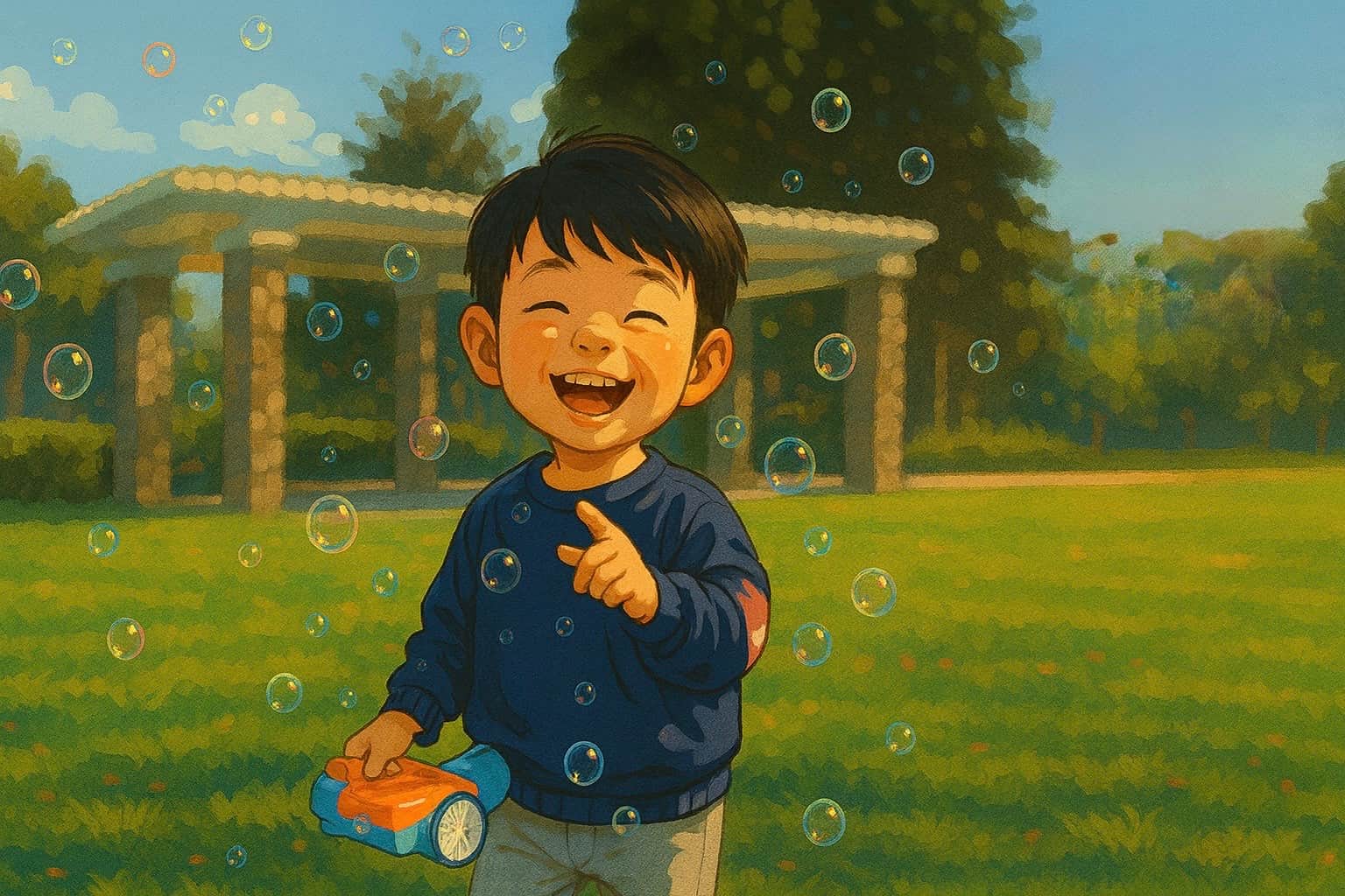 Cheerful illustration of babies surrounded by sunshine, flowers, and symbols of joy