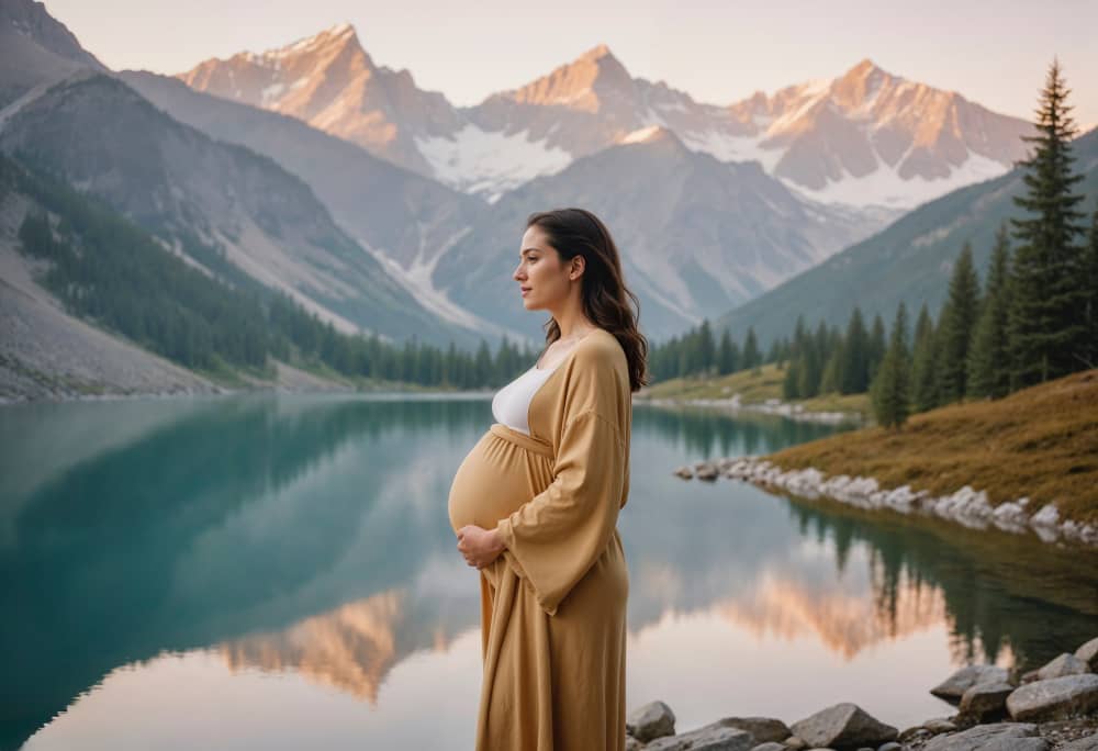 Pregnant woman traveling with luggage at an airport
