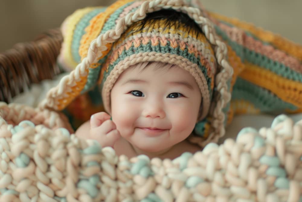 Baby smiling brightly at parent making eye contact