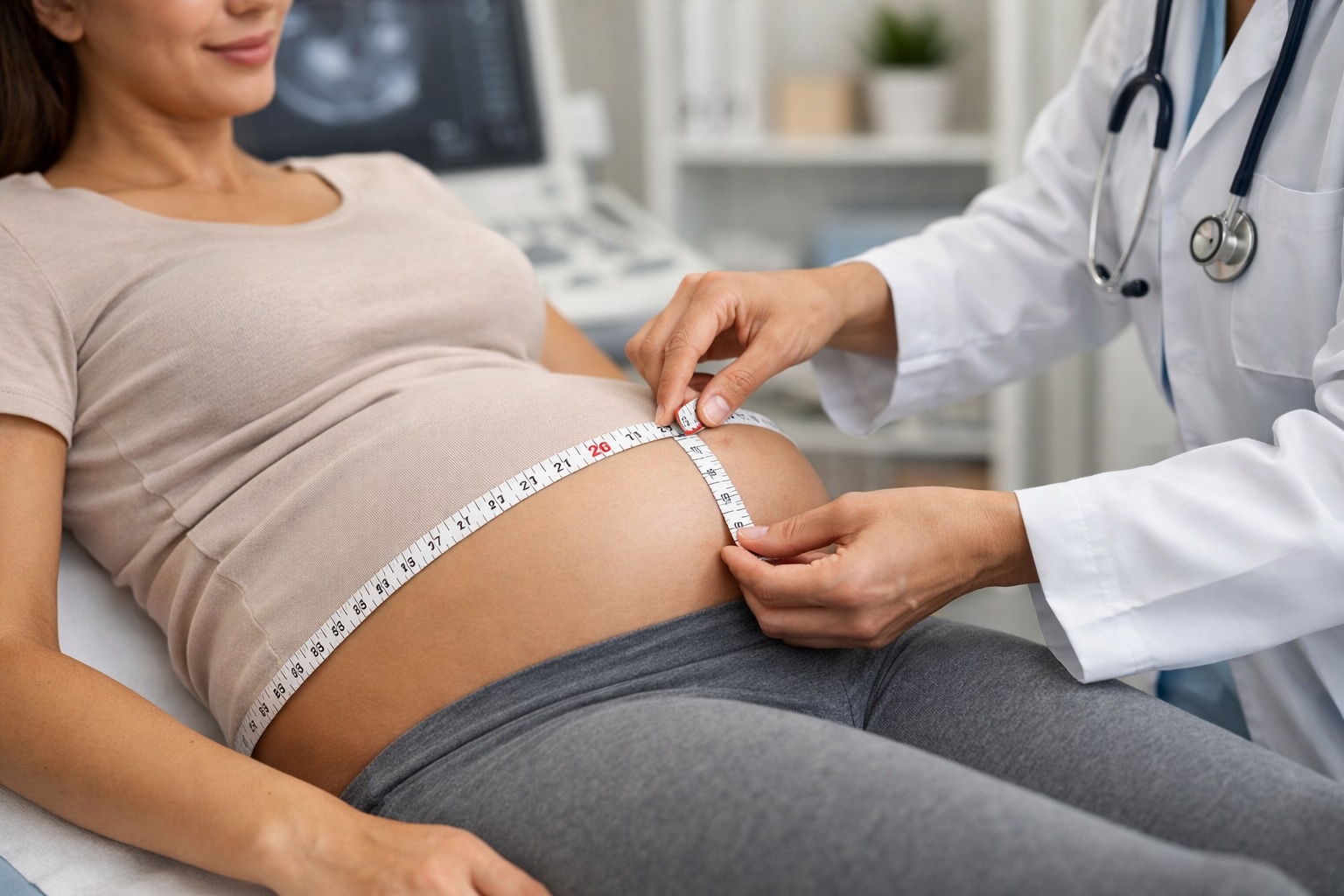 Healthcare provider measuring fundal height on pregnant belly