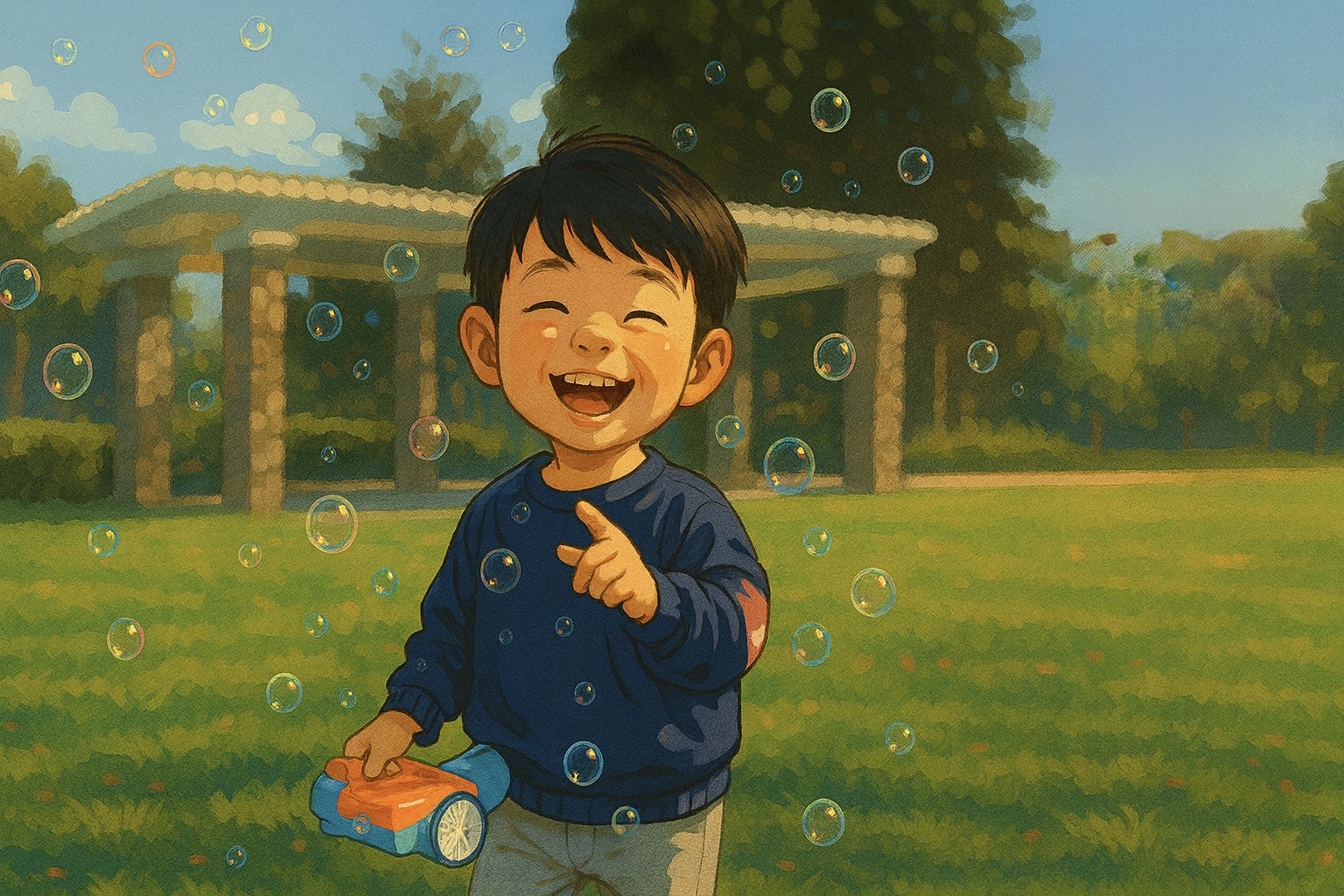 Cheerful illustration of babies surrounded by sunshine, flowers, and symbols of joy